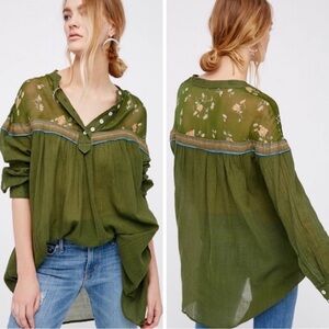 Free People Hearts and Colors Olive Green Women's Top with Floral Detail